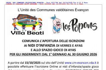 Apertura iscrizioni ai nidi d&#39;infanzia di verres e ayas e allo spazio gioco di ayas per gli inserimenti dal 1&#176;&#233; gennaio al 30 giugno 2026